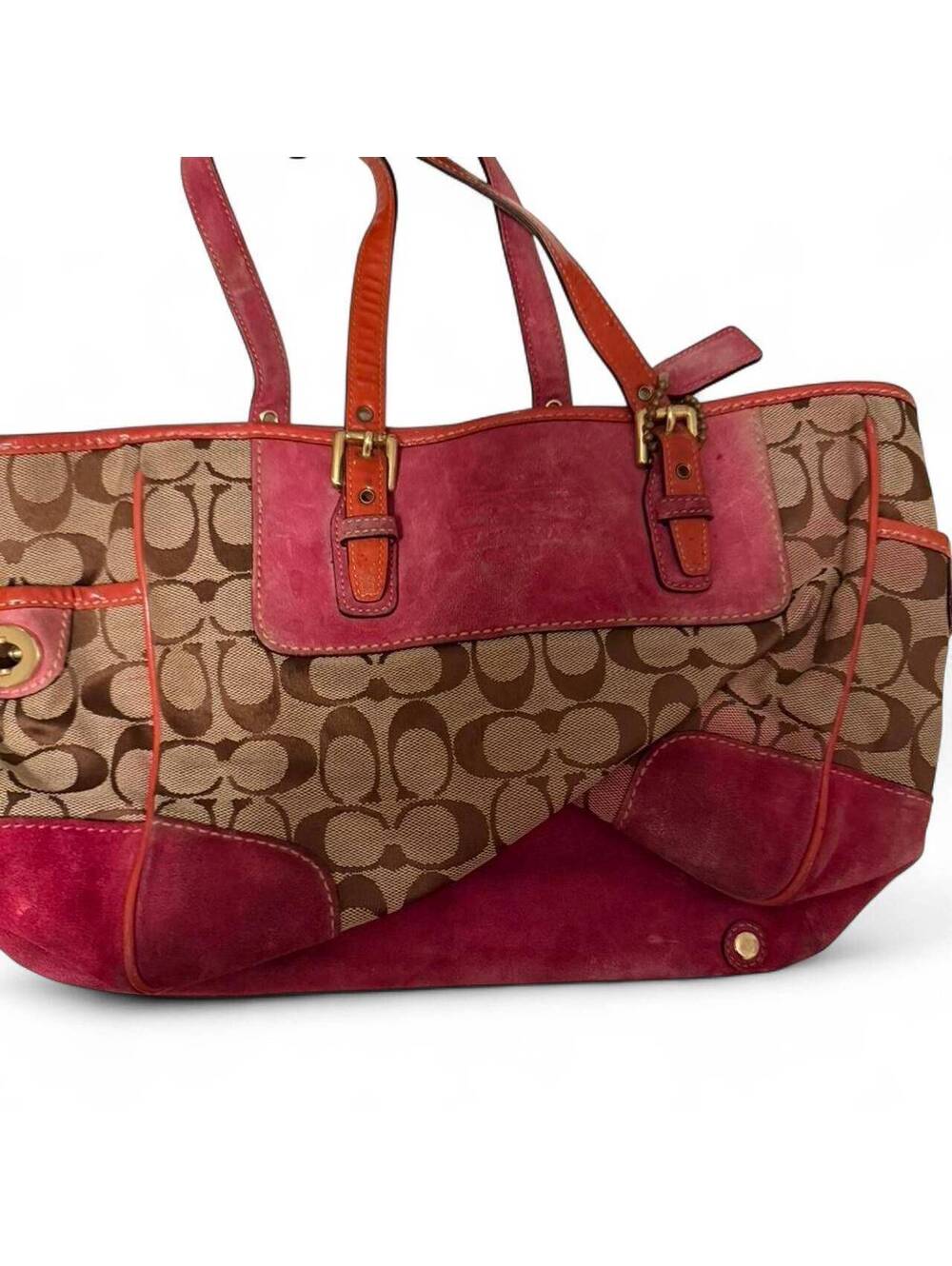 Coach Signature Canvas and Suede Tote Bag in Pink and Brown